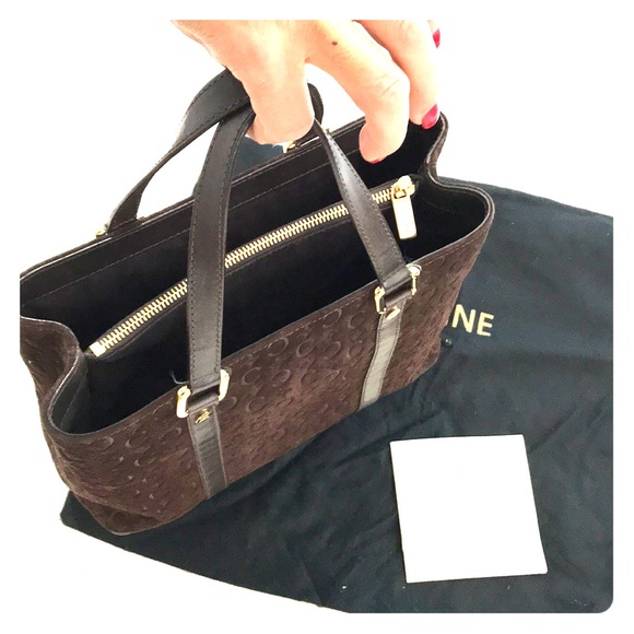 CELINE BROWN SUEDE EMBOSSED LOGO SM TOTE HANDBAG - Picture 2 of 8